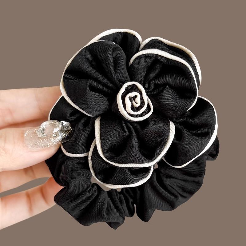 Small fragrant wind pleated camellia large intestine hair band female black flower hair band hair accessories