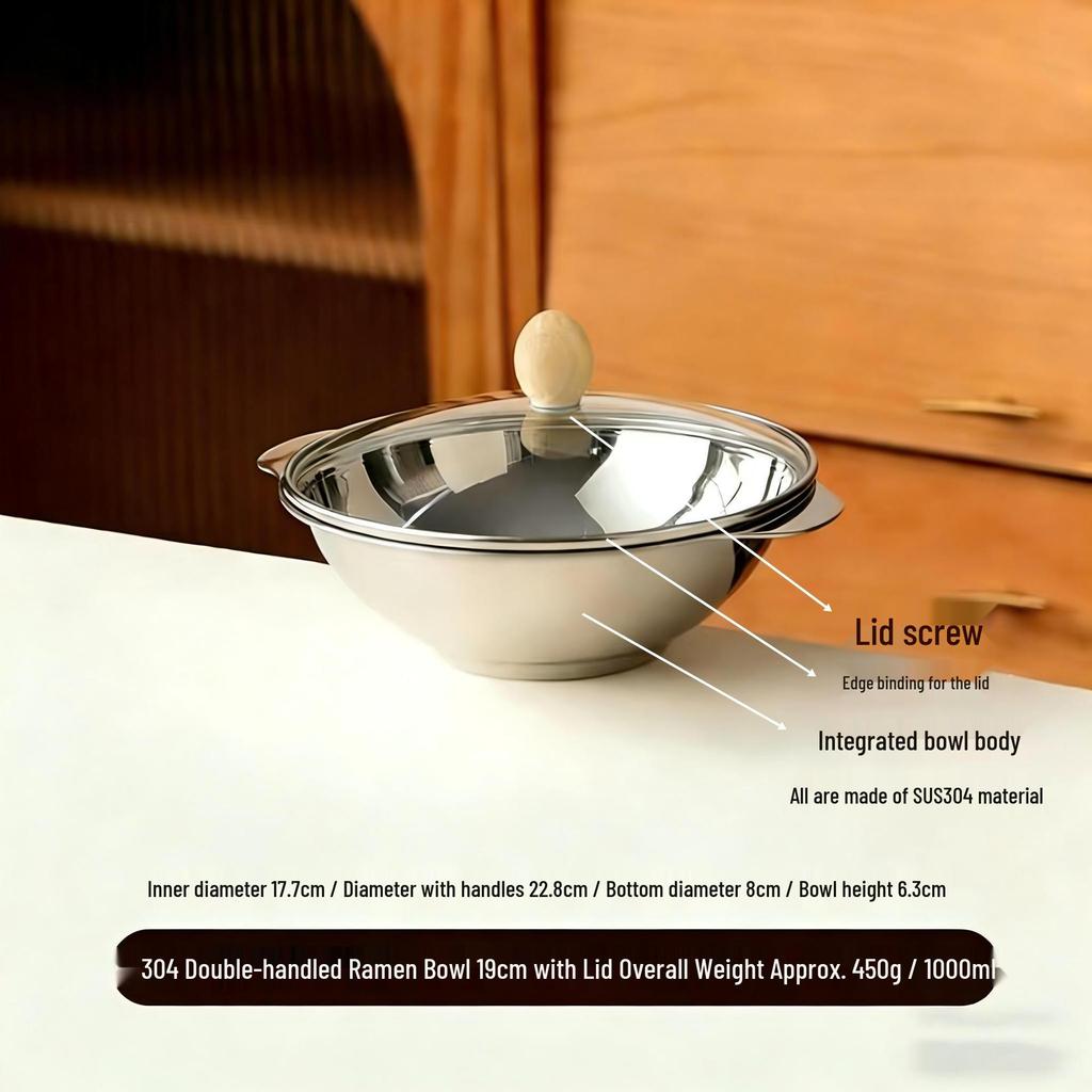 Double-Handled Large Capacity 304 Stainless Steel Soup and Noodle Bowl