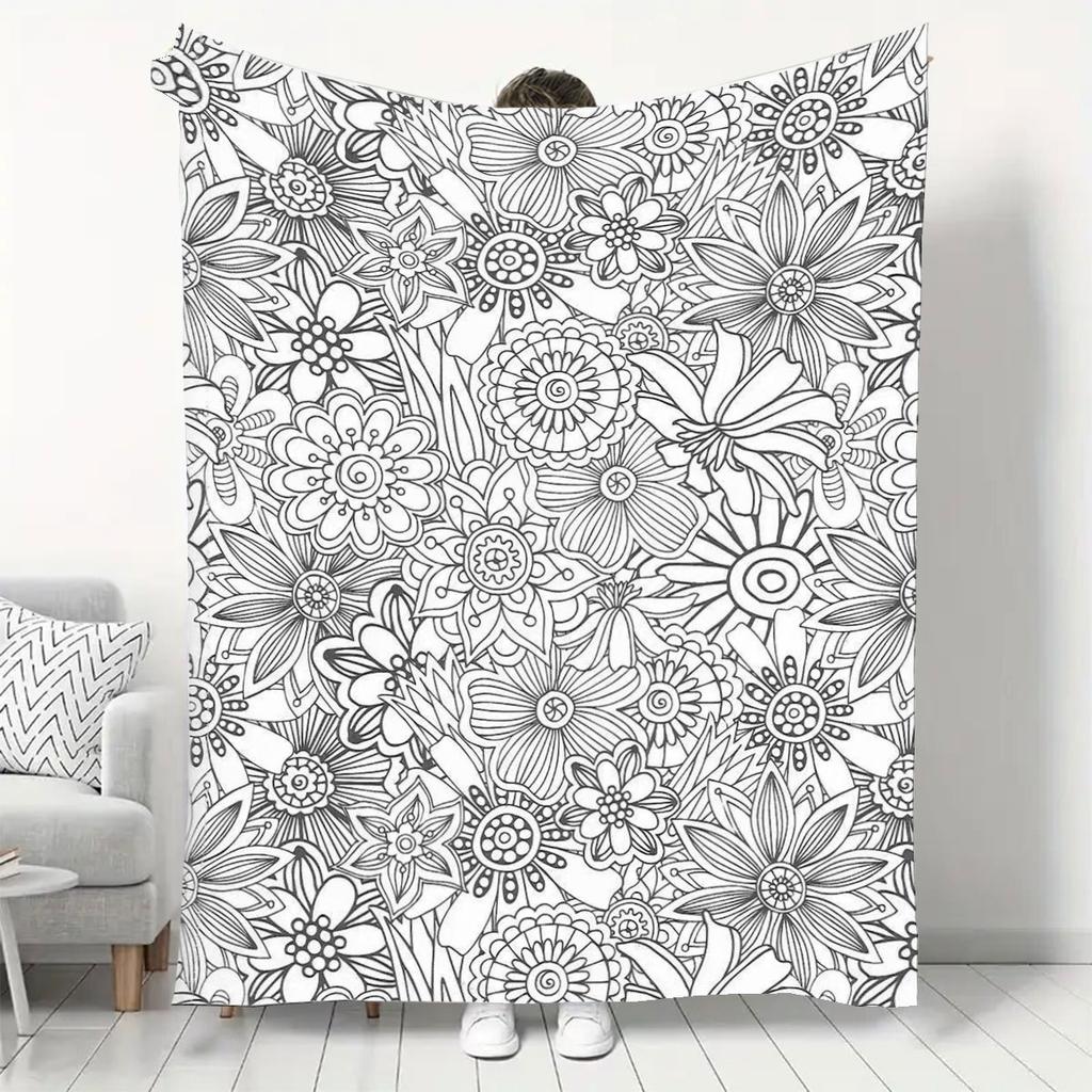 Adult Stress-Relief Coloring Flannel Blanket, DIY Hand-Painted Thickened Warm Throw for Home Office Naps, Creative Doodle Floral