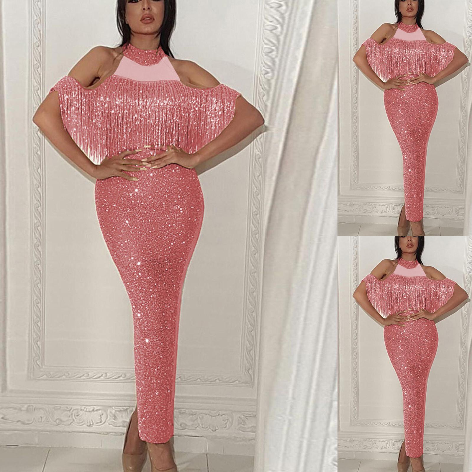 

Women Sexy Patchwork Shining Mesh Hollow Out Tassel Split Evening Dress
