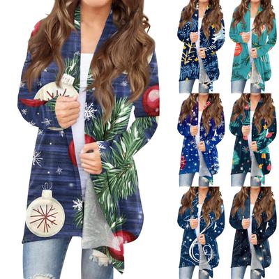 Damenmode, lässig, Weihnachtsdruck, mittellanger Cardigan-Jackenmantel