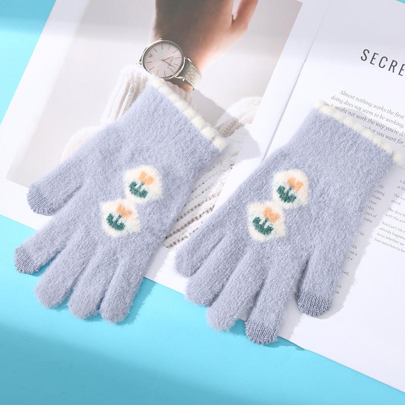 Korean Style Women's Warm Gloves for Autumn and Winter Cold Protection Thickened Knitted Wool Flowers Tulips Cycling Touch Screen Fingers