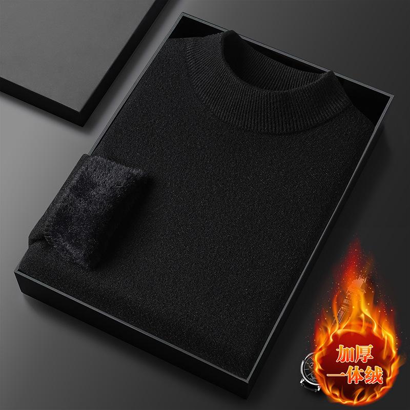 Popular Men's Autumn and Winter Integrated Fleece Semi-turtleneck Sweater Pullover Solid Color Knitted Sweater Men's Fleece Guarantee