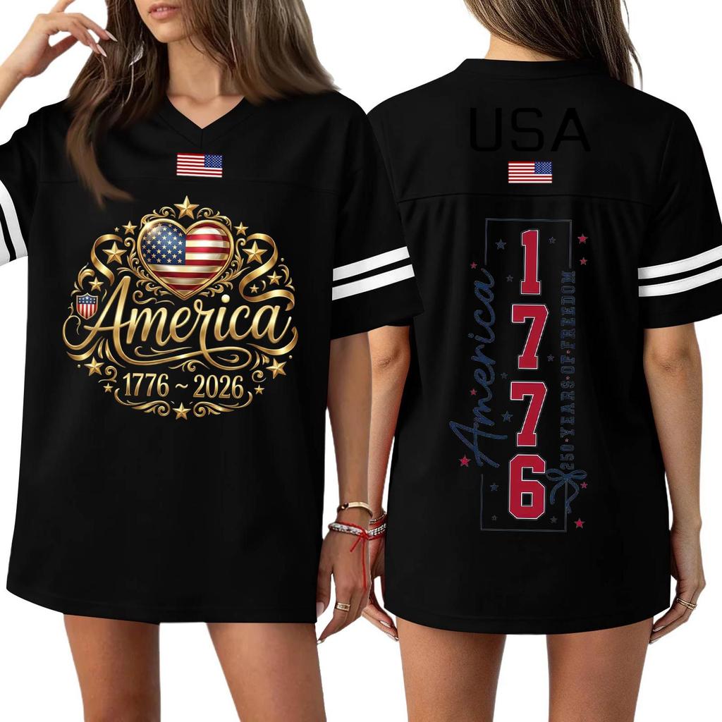 Damen Casual Mode V-Ausschnitt Sport Unabhängigkeitstag Druck Kurzarm Sport T-Shirt Top