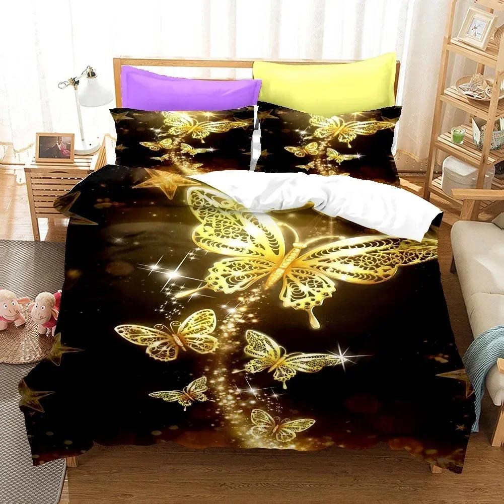 Golden Butterfly Pretty Blue Butterfly Bedding Set Boys Girls Twin Queen Size Duvet Cover Pillowcase Bed Kids Adult