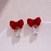 New Red Delicate Red Velvet Bow Earrings with Diamonds, Water Drops for Girls, Versatile Earrings, Ear Jewelry for Women