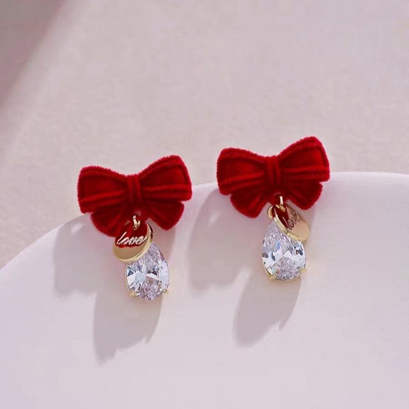 New Red Delicate Red Velvet Bow Earrings with Diamonds, Water Drops for Girls, Versatile Earrings, Ear Jewelry for Women