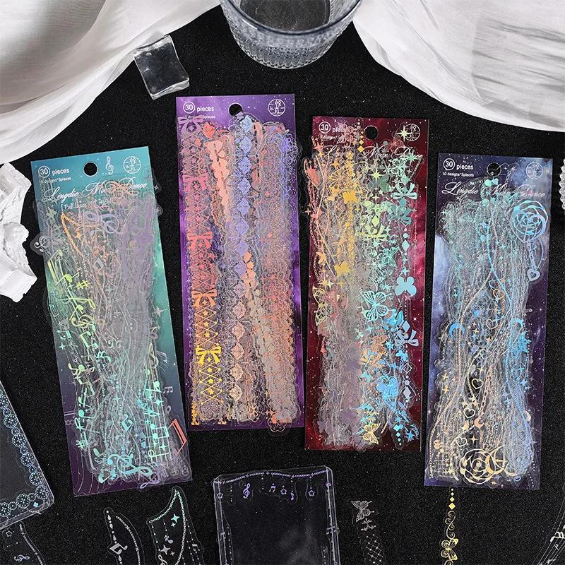 30pcs/pack Aesthetics Frame Decor Stickers Twinkle Gold Foil Collage Scrapbooking Materials Waterproof PET DIY Stickers