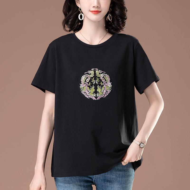 

Женская хлопковая футболка большого размера с вышивкой - Короткий рукав, Свободный крой для лета L