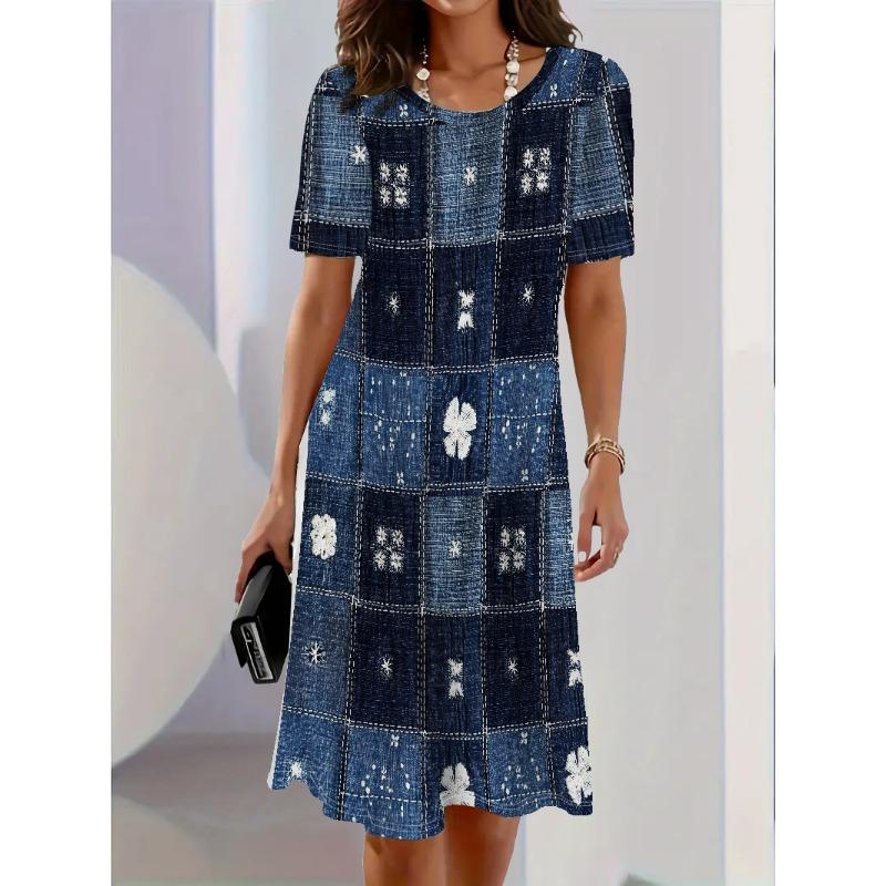 Women Dress Vintage Denim Blue Print Design Sense Fashion New Summer Elegant Casual Short Sleeve Dress Loose Women A-Line Dress