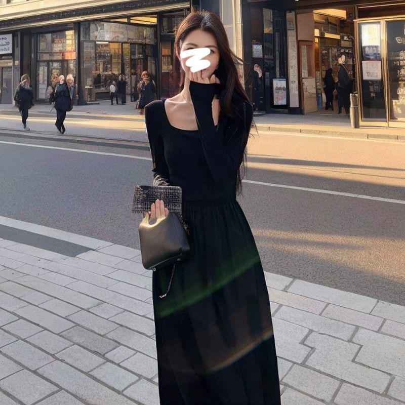 Elegant French A-line Long Dress - Women's Slimming Square Neck with Waist-Cinching Long Sleeves (Spring/Autumn 2025)