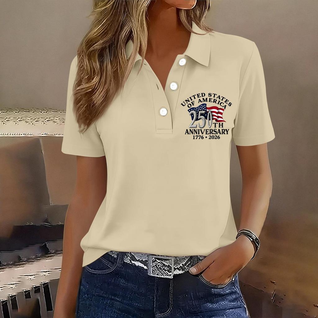 Women's Casual Button Front Short Sleeve Polo Shirt 250th Anniversary United States Printed Top 1776 To 2026 Commemorative Apparel