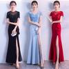 Evening Dress Harpoon Tail Split Long Dress Women's New High-end Temperament Host Sequined Split Splicing Dress