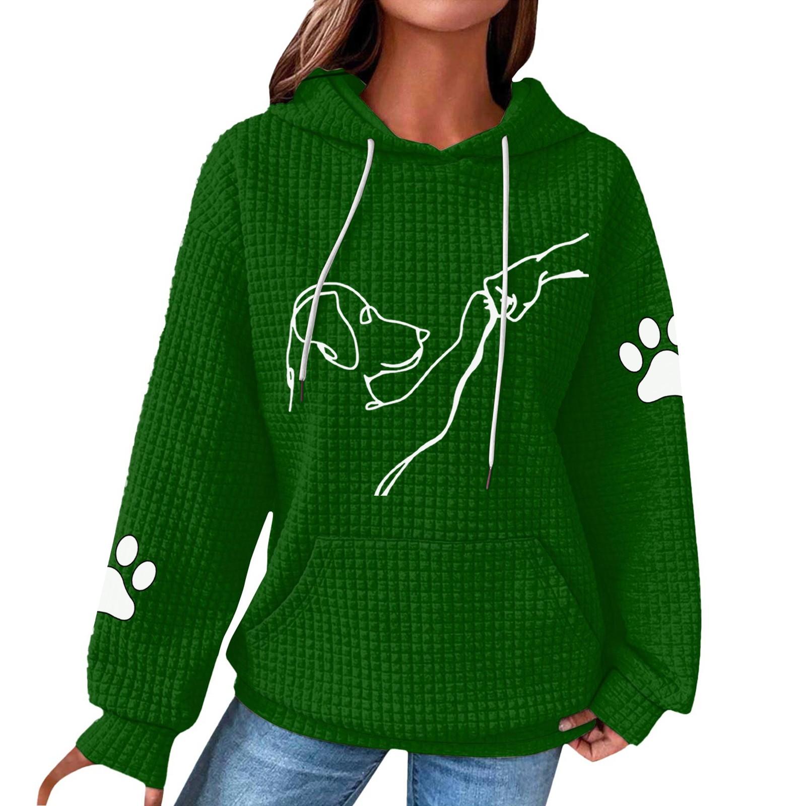 

Женская мода свободный джемпер с капюшоном и принтом собаки с длинным рукавом в клетку с капюшоном S темно-зеленого