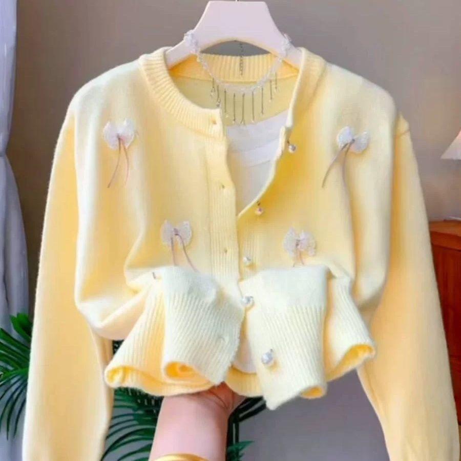 Сладкий вязаный кардиган-жакет с бантом для женщин, свободный, весенний и осенний, ароматный, короткий S