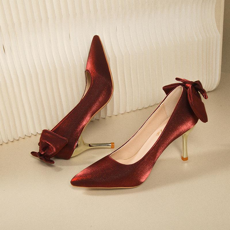 Red Satin Bridal Shoes Spring and Autumn New Elegant Bow Pointed Tip Stiletto Single Shoes Women's Heels Satin