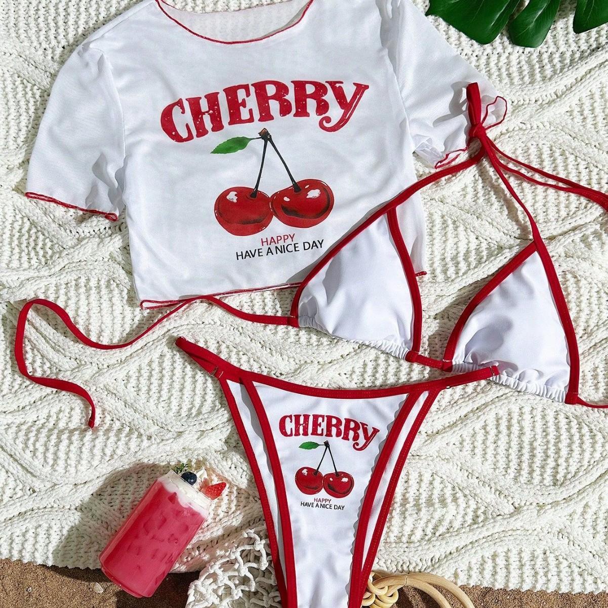 3 Piece Bikini Set Cherry Print Tie Strap Swimsuit with Apron Cover up S
