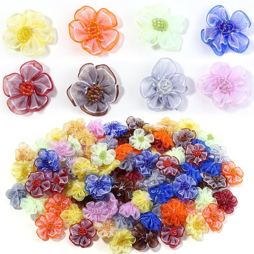 10pcs 3cm Gauze Artificial Flowers Colorful Double Layer Flower Head For DIY Handmade Wedding Party Clothing Headwear Decoration