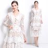 Spring Autumn Women Elegant V-neck Embroidery Flower Lace Long Maxi Party Dresses With Belt