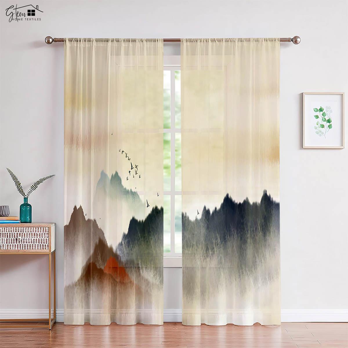 Chinese Ink Painting 3D Printed Curtains Landscape Landscape Painting Chinese Style Ancient Style Study Tea Room Curtains 2Pcs W50xH130(CM)x2PCS&Grommet Top
