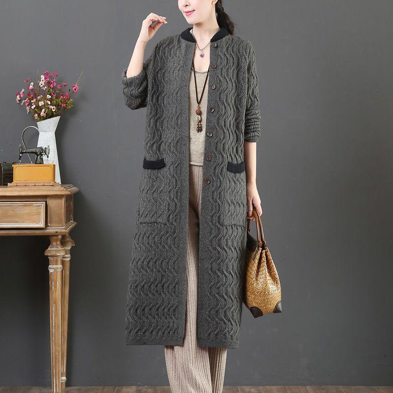 New Casual Loose Cardigan Office Lady Cardigan Solid Color Double Pocket Autumn Winter Women Long Sleeve Knitted Coat Streetwear