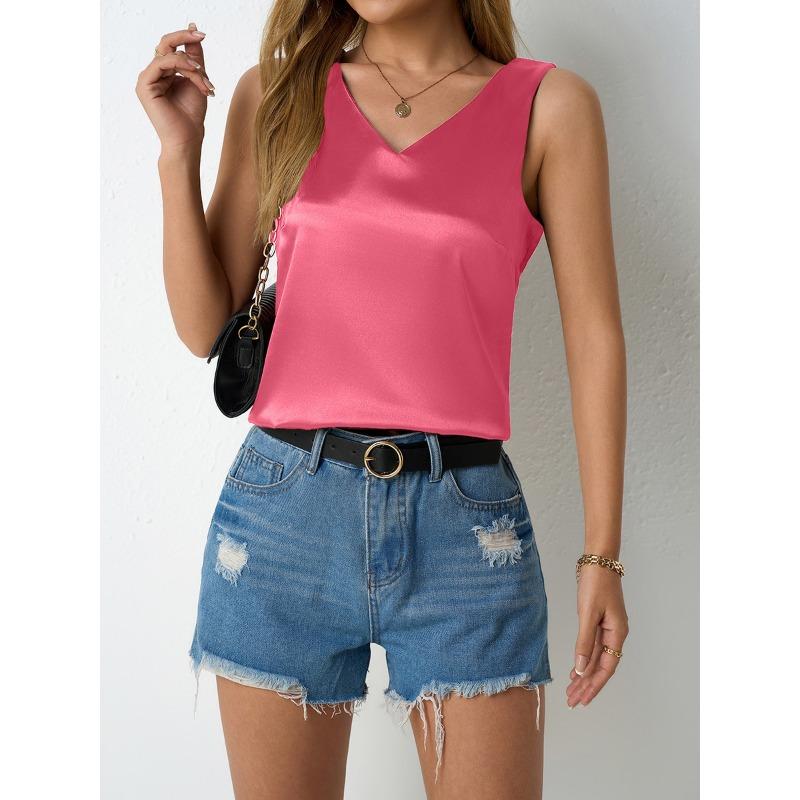 Women's Spring Summer Satin Vest V-neck Casual Halter Vest Sleeveless Shirt