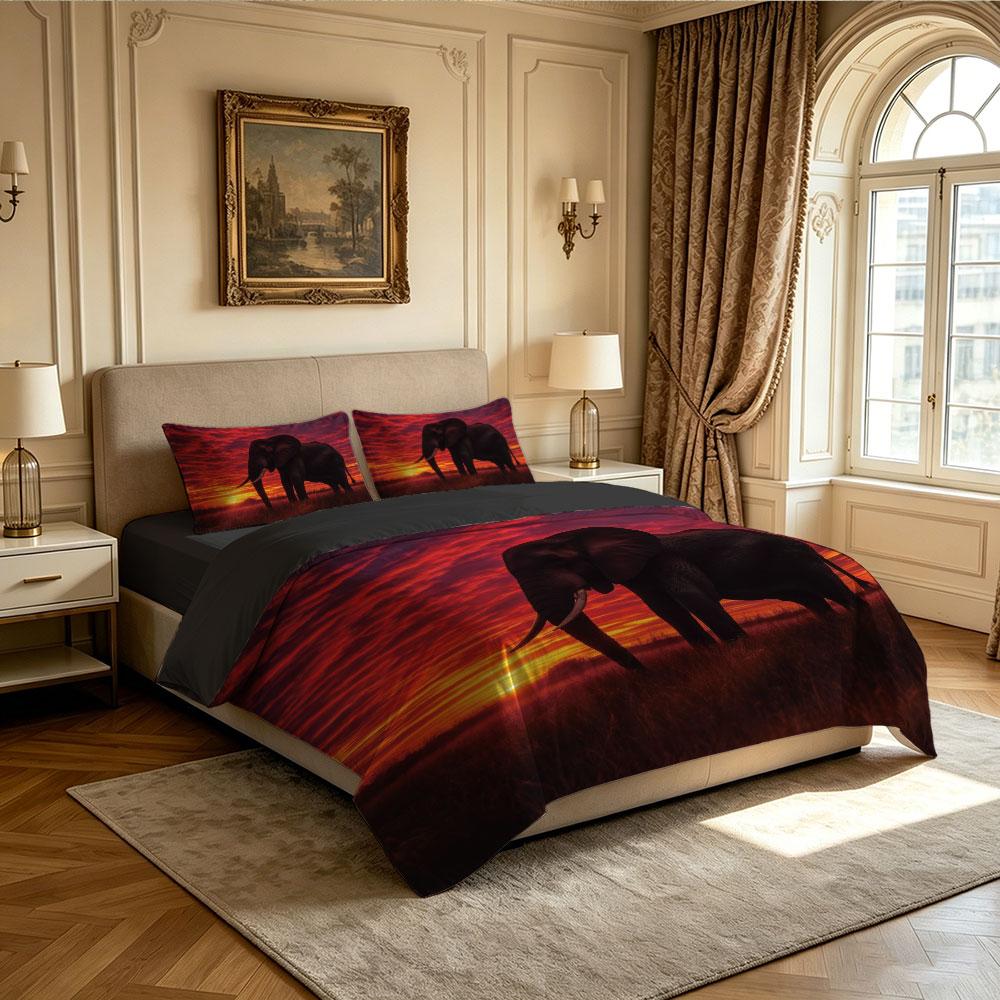 3pcs Elephant Red Sunset Print Duvet Cover Set Wildlife Animal Soft Microfiber Bedding Set with Pillowcases Quilt Cover Decor