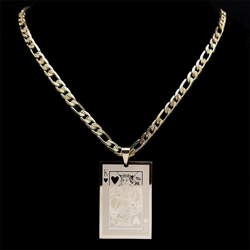 Poker King Spades Hearts K Pendant Necklace for Men Women Stainless Steel Gold Color Hip Hop Punk Necklaces Jewelry N7434S05