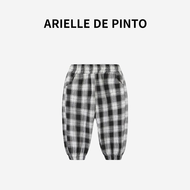 French Arielle De Pinto Boys  Pants Summer Fashion Stylish Thin Long Pants Plaid Anti-Mosquito Pants Black 160