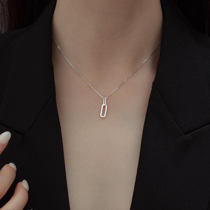 Banyan Tree S925 Silver Geometric Paperclip Necklace with Sparkling Diamond
