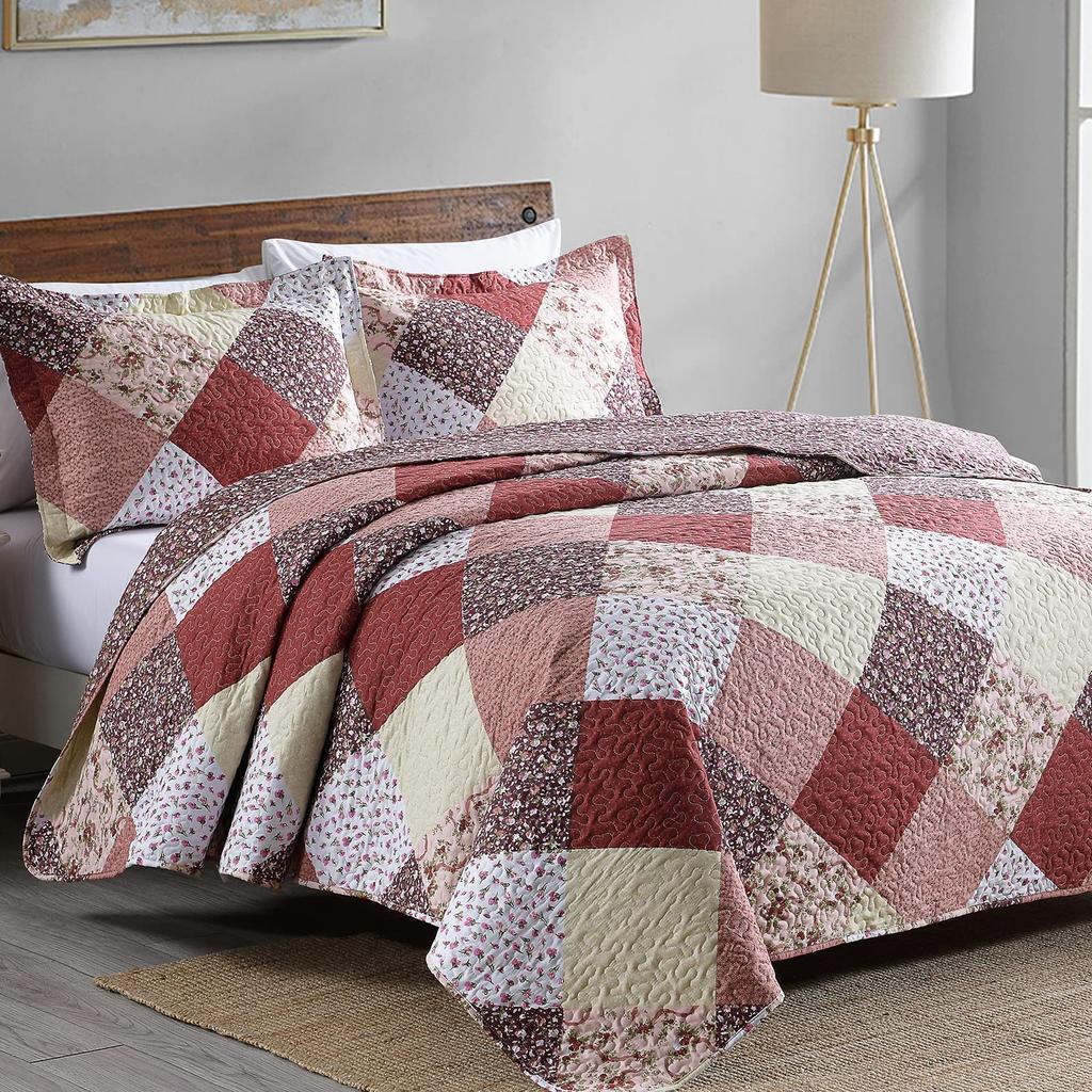 Texstead 3 Pieces Patchwork Gray All Season Bedspreads, Ultra Soft Floral Coverlet Bedding Set with Printed Pattern
