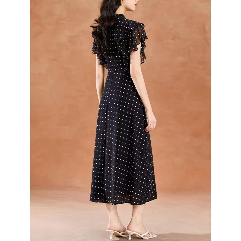 Summer new retro elegant wind lotus leaf edge flying sleeves cover the flesh temperament showing polka dot dress women