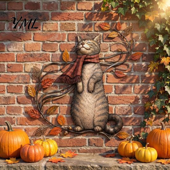 Autumn Theme Door Decorations Cat Metal Wall Decor, Fall Tin Sign Plaque, Swing Decorative Crafts for Home Art Decoration Thanksgiving Harvest