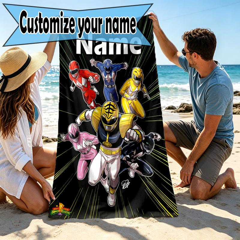 Custom Name Personalized Mighty Morphin Power Rangers Print Beach Towel, for Trip Camping Beach Party Home Decor, Birthday Gift for Family & Friends