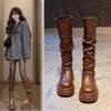Braune Retro-Plateau-Stiefel mit dickem Absatz im britischen Stil für Damen 2024 neue Herbst- und Winter-Stiefel dünne Stiefel hohe Stiefel