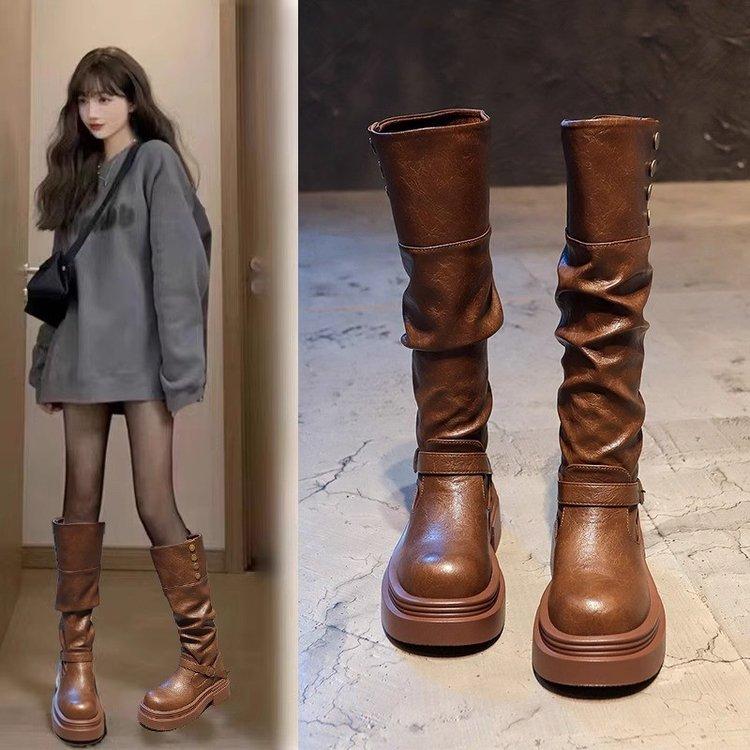 Brown retro British style thick heel platform boots women's 2024 new autumn and winter thin boots boots tall