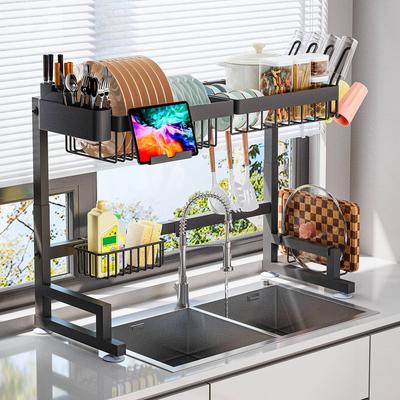 ADBIU [Width 62-82cm, Height 49-55cm] Extendable 2-Tier Kitchen Dish Rack, Stainless Steel, Rustproof Coating, Large Capacity, Includes Knife, Cutting