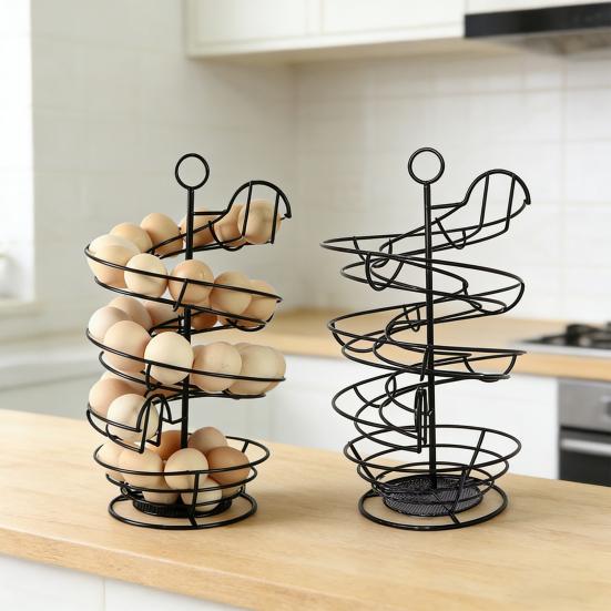 Spiral Egg Holder Kitchen Countertop Fresh Egg Storage Rack Heavy Duty Metal Egg Organizer Skelter Dispenser with Storage Basket