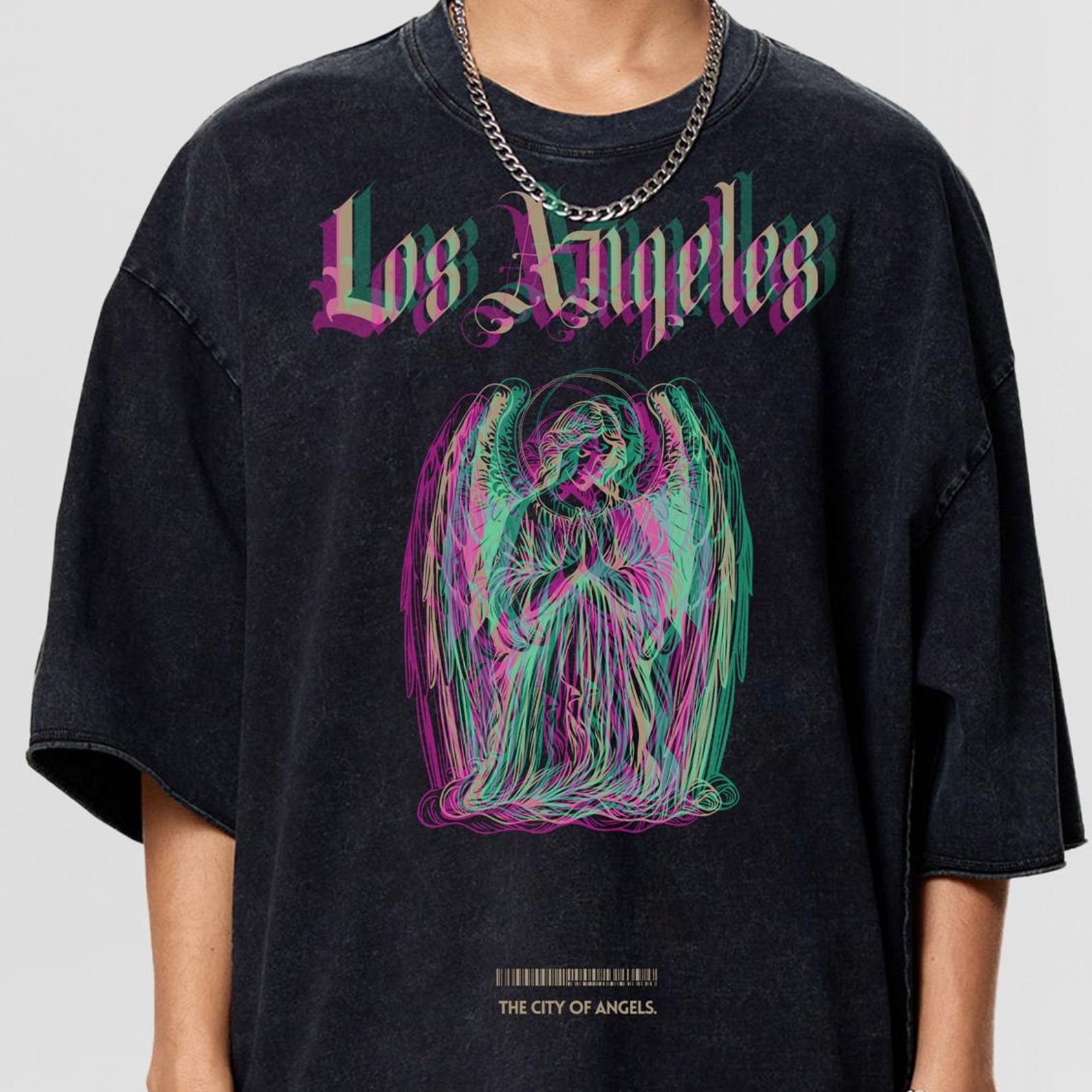 PREMIUM Los Angeles Angel Grunge T-Shirt – Heavy Cotton Raw Hem Tee with RGB Displaced Print & Washed Streetwear Fit L