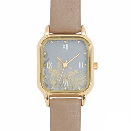 Fieldwork Women's Analog Watch, Built To Order, Floral Print, Gold Leather Strap, Gray, ASS159-2