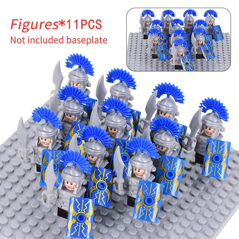11 Silver Gray Knight Figures w Yel Edge Helm Swords Red Cross Shields White Cloaks No Baseplate