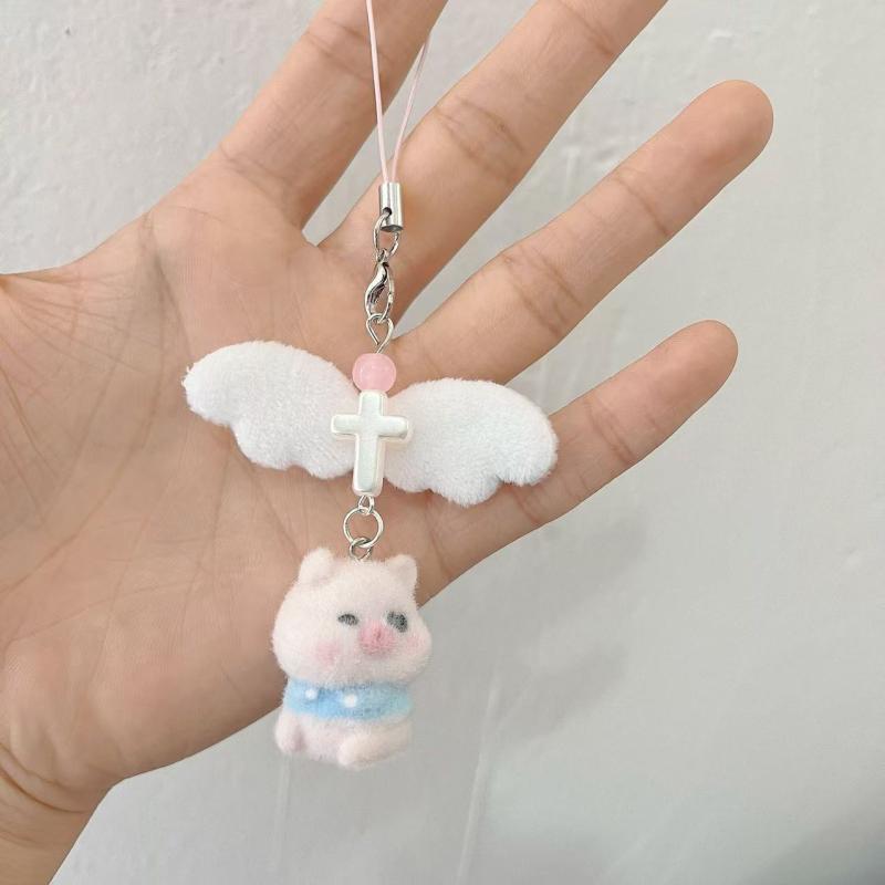 Cartoon Flocking Dog Piggy Pendant Keychain  Key Ring For Women Girls Cute Bag Pendant Kawaii Mobile Phone Chain Gifts
