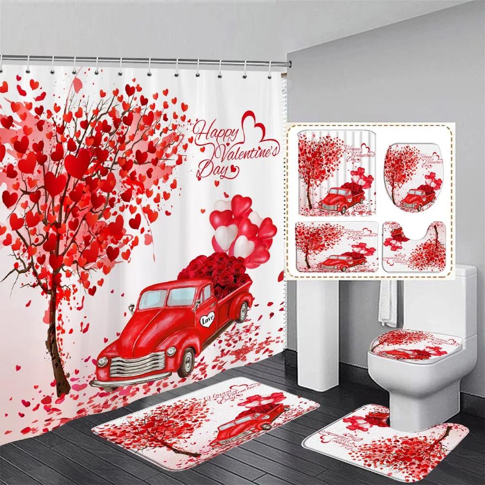 Valentine'S Day Shower Curtain Set Red Heart Shaped Rose Flowers Lovers Gift Home Bathroom Decoration Bath Mats Toilet Lid Cover