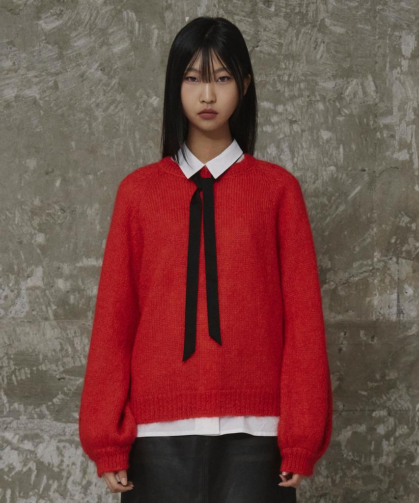 ERER Balloon Sleeve Scallop Knit Red