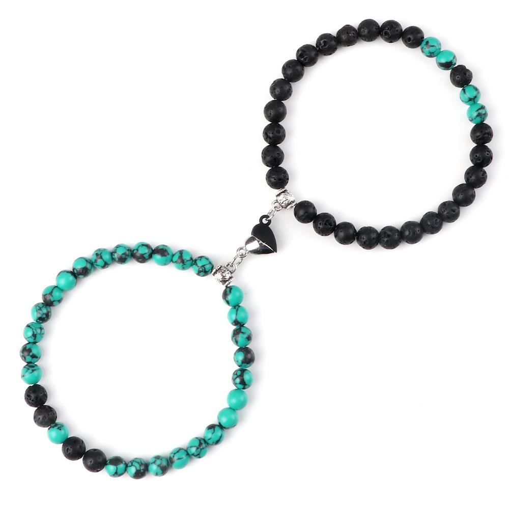 2Pcs/Set Couple Magnet Heart Shape Pendant Bracelets 6MM Malachite Tiger Eye Bangles Love Relationship Pulsera Jewelry Gift New