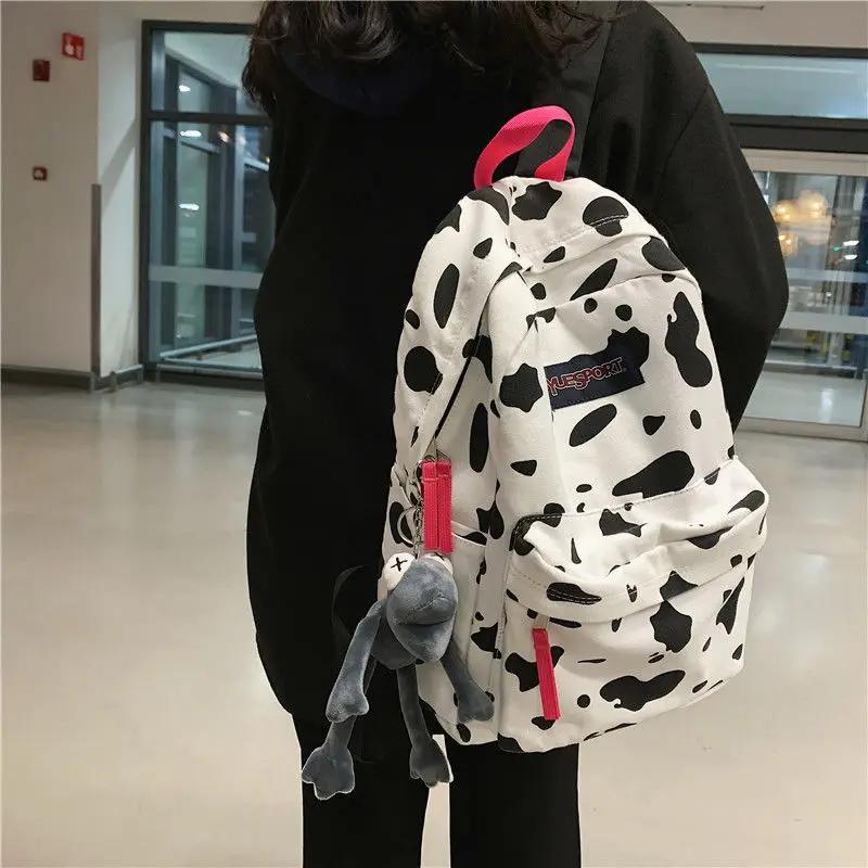 The Leopard Print Backpack for Women Fun Animal Design School Bag for Teenage Girls White Cow Print Card Cute Backpack