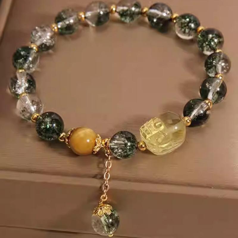 Cherry Blossom Green Populated Crystal Bracelet for Women, Natural Yellow Crystal Pixiu Jewelry, High-Value Gift Bracelet
