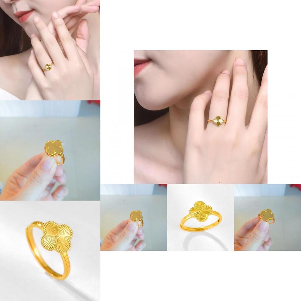 Stunning Brass Gold Plated Lucky Clover Ring Adjustable Open Band Trendy Women's Jewelry