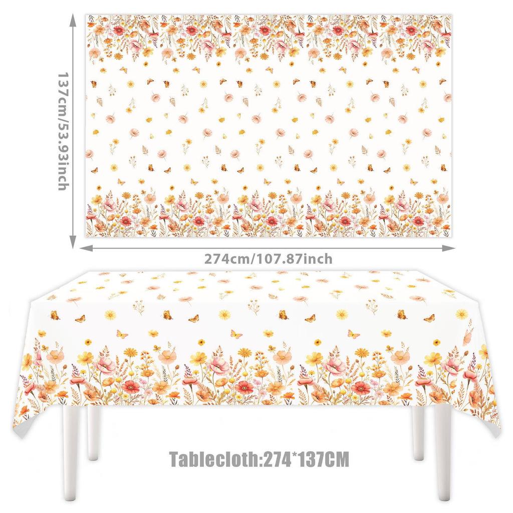 Autumn Floral Party Tableware Set: Plates, Cups, Napkins, Tablecloth, Banner, Decorations