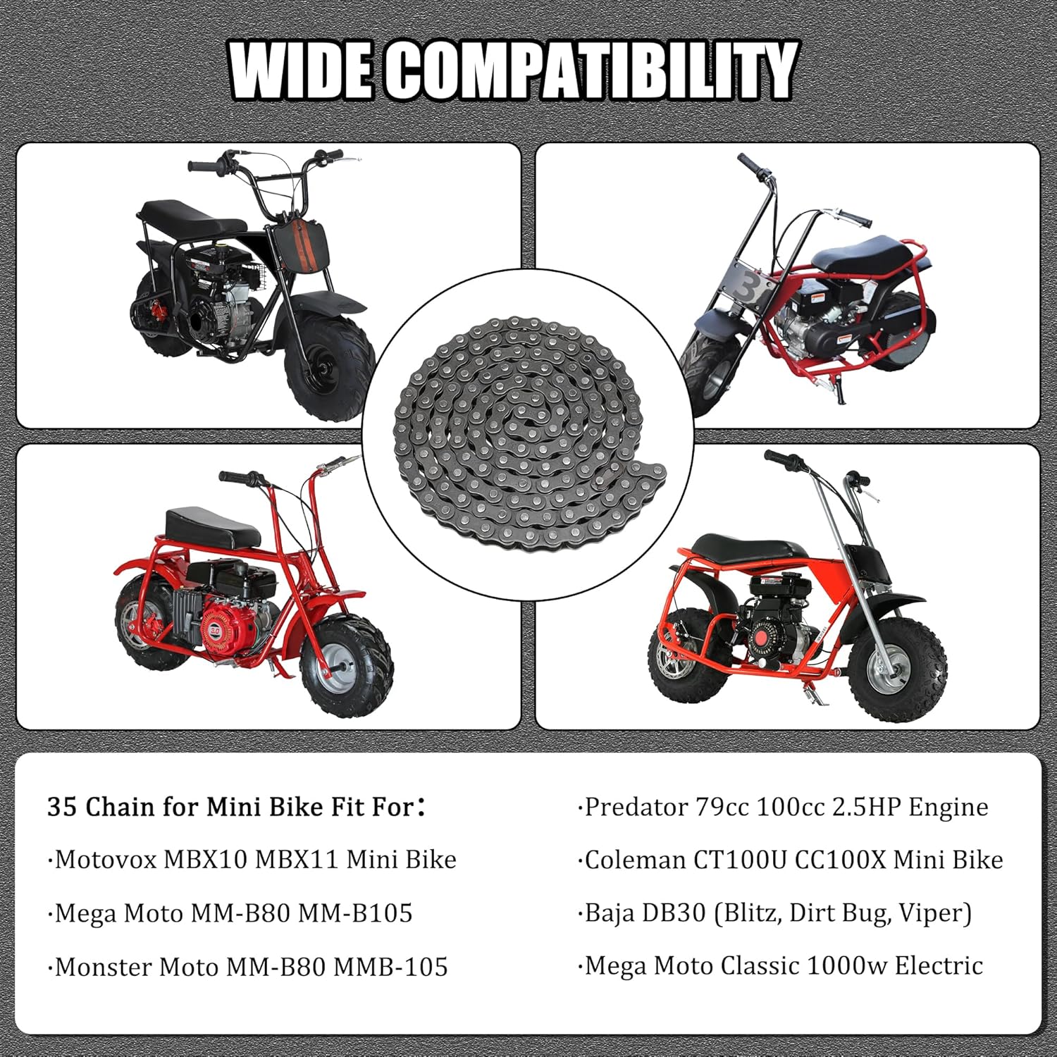 YOXUFA #35 Chain for Mini Bike Coleman CT100U CC100X Baja Doodle Bug DB30 Motovox MBX10 MBX11 Mega Moto MM-B80 105cc Predator 79cc 97cc 100cc Engine